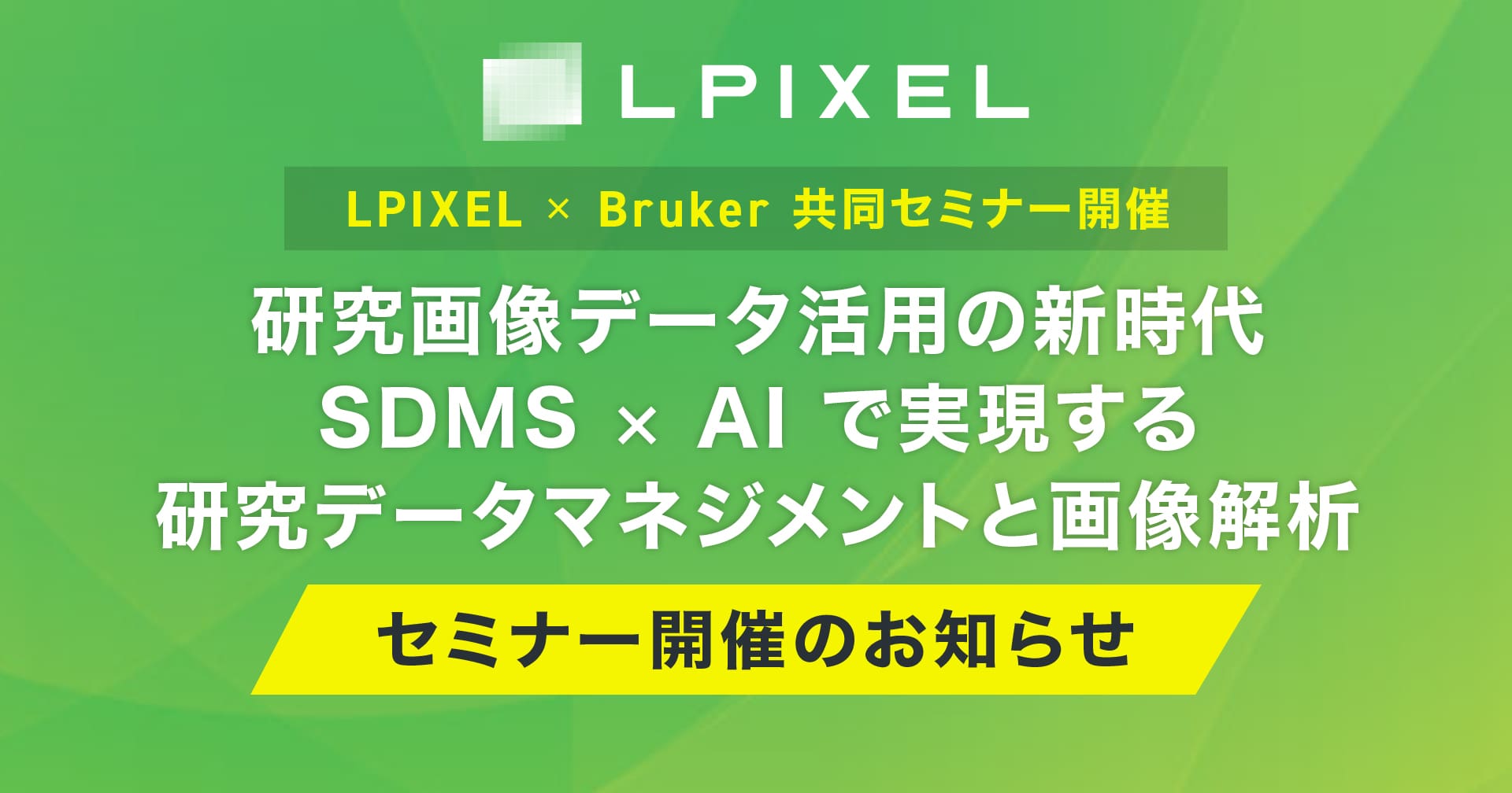 LPIXEL × Bruker 共同セミナー開催 のお知らせ 〜「研究画像データ活用の新時代 SDMS × AI で実現する研究データマネジメントと画像解析」〜